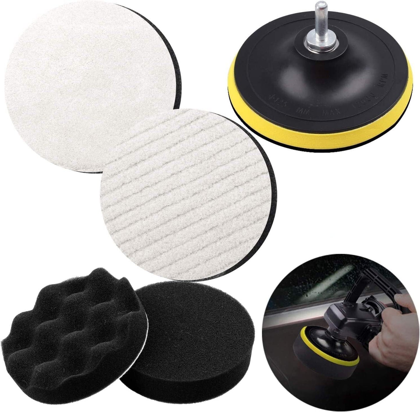 Car Polishing Buffing Pads Kit Foam Wool Waxing M14 Drill Adapter 125mm 5 Inch Unbranded