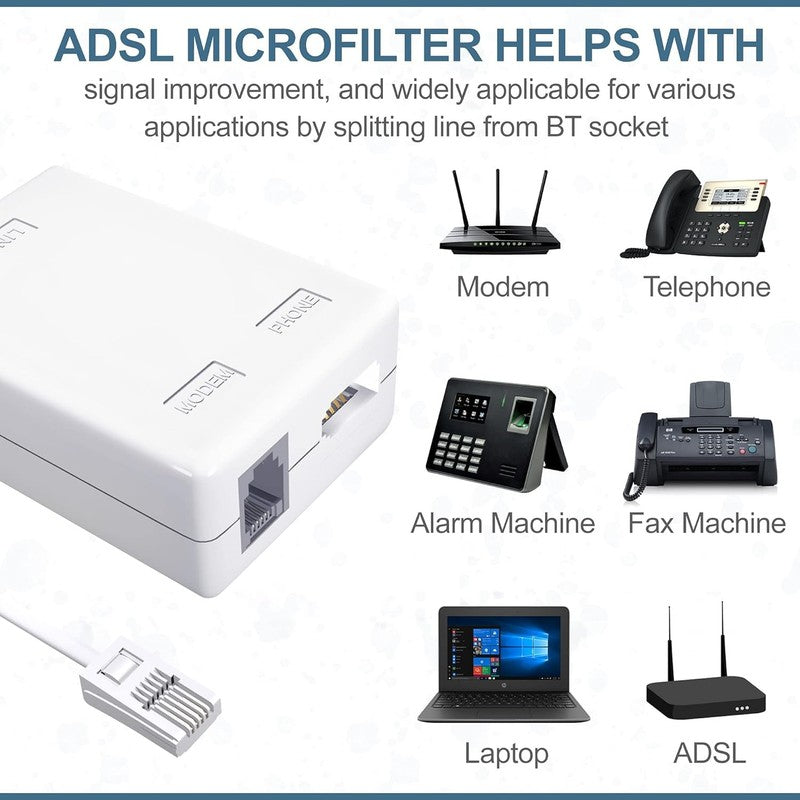 ADSL Broadband Microfilter BT Plug to RJ11 Internet Phone Splitter Modem Fax Unbranded
