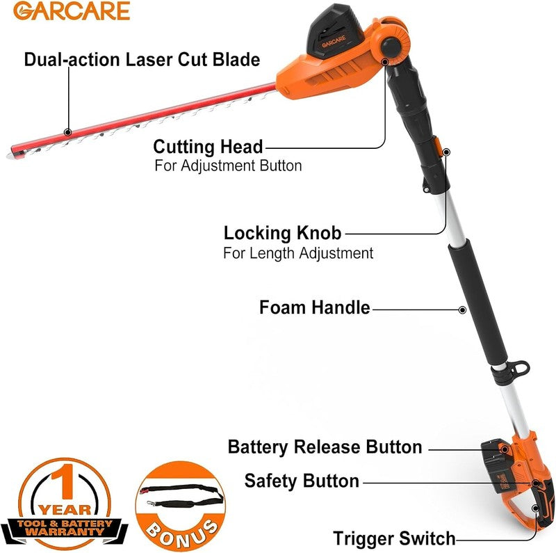 Cordless Pole Hedge Trimmer 20V Battery Telescopic Long Reach Bush Clippers 18In Unbranded