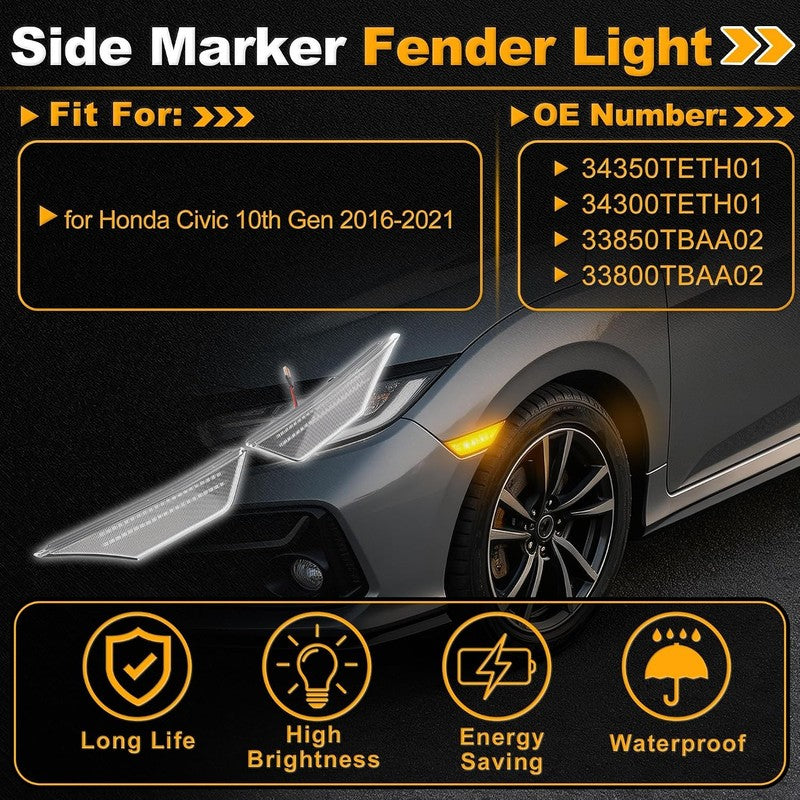 LED Side Marker Dynamic Sequential Amber Fender Lights fit Honda Civic 2016-2021 Unbranded