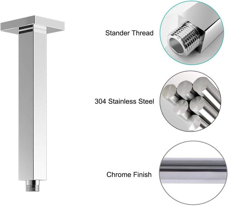 Stainless Steel Shower Arm Ceiling Extension Square Chrome 8 Inch Rain Head UK Unbranded