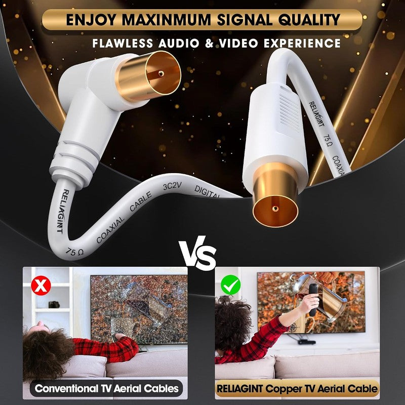 TV Aerial Cable 10M Coaxial Lead 75Ohm IEC Male Right Angle Copper White HD 3C2V Unbranded