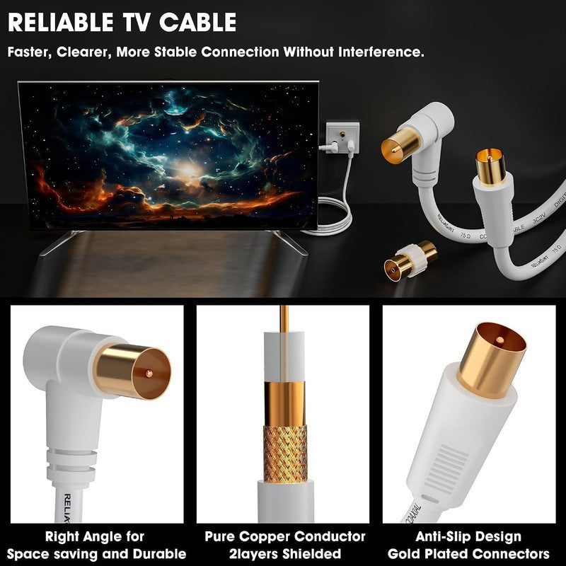 TV Aerial Cable 10M Coaxial Lead 75Ohm IEC Male Right Angle Copper White HD 3C2V Unbranded
