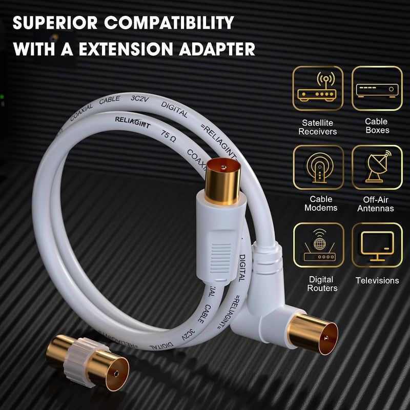 TV Aerial Cable 10M Coaxial Lead 75Ohm IEC Male Right Angle Copper White HD 3C2V Unbranded