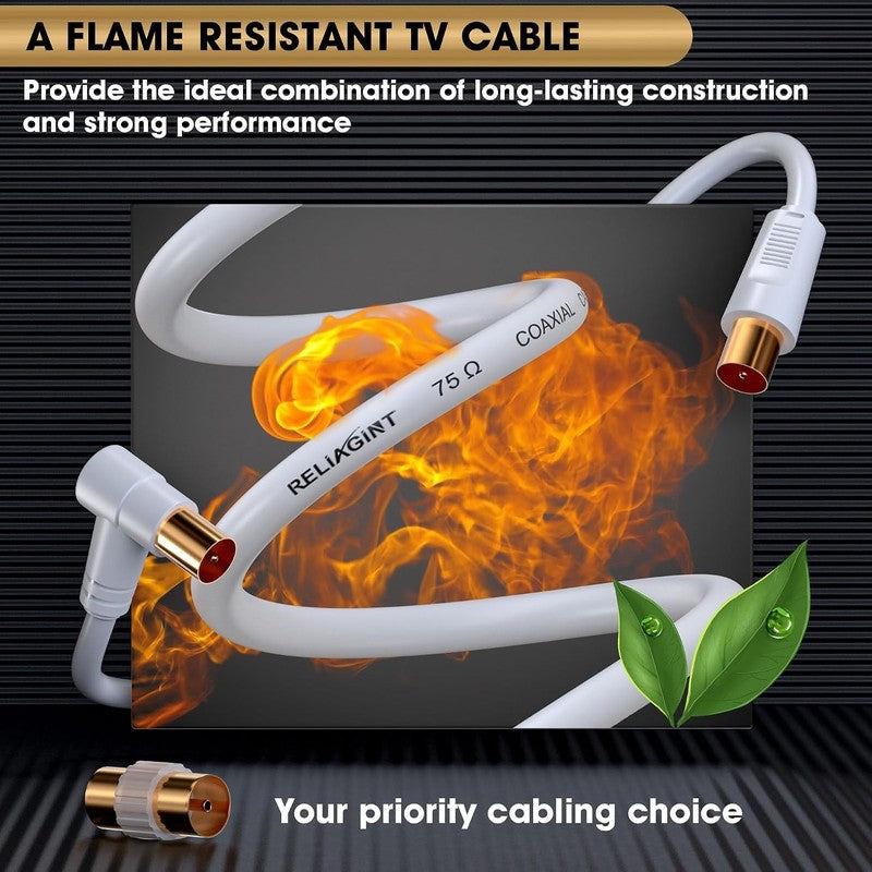 TV Aerial Cable 10M Coaxial Lead 75Ohm IEC Male Right Angle Copper White HD 3C2V Unbranded