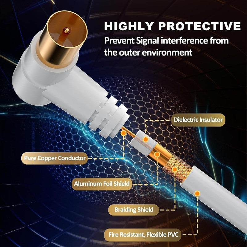 TV Aerial Cable 10M Coaxial Lead 75Ohm IEC Male Right Angle Copper White HD 3C2V Unbranded