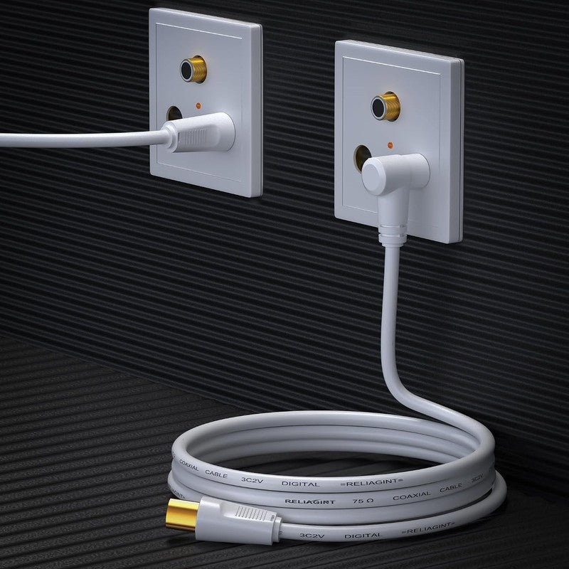 TV Aerial Cable 10M Coaxial Lead 75Ohm IEC Male Right Angle Copper White HD 3C2V Unbranded