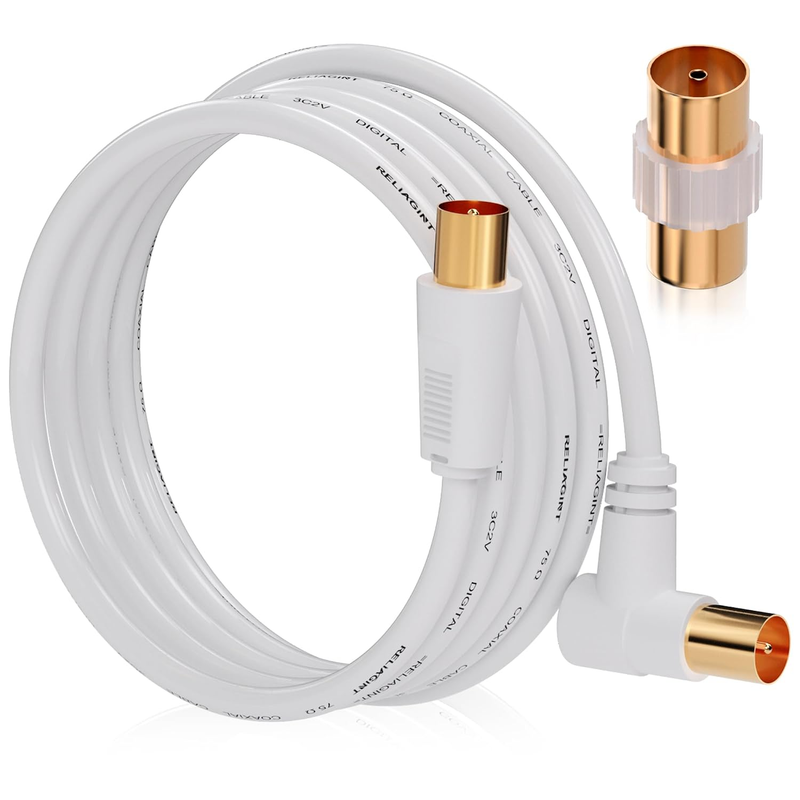 TV Aerial Cable 10M Coaxial Lead 75Ohm IEC Male Right Angle Copper White HD 3C2V Unbranded