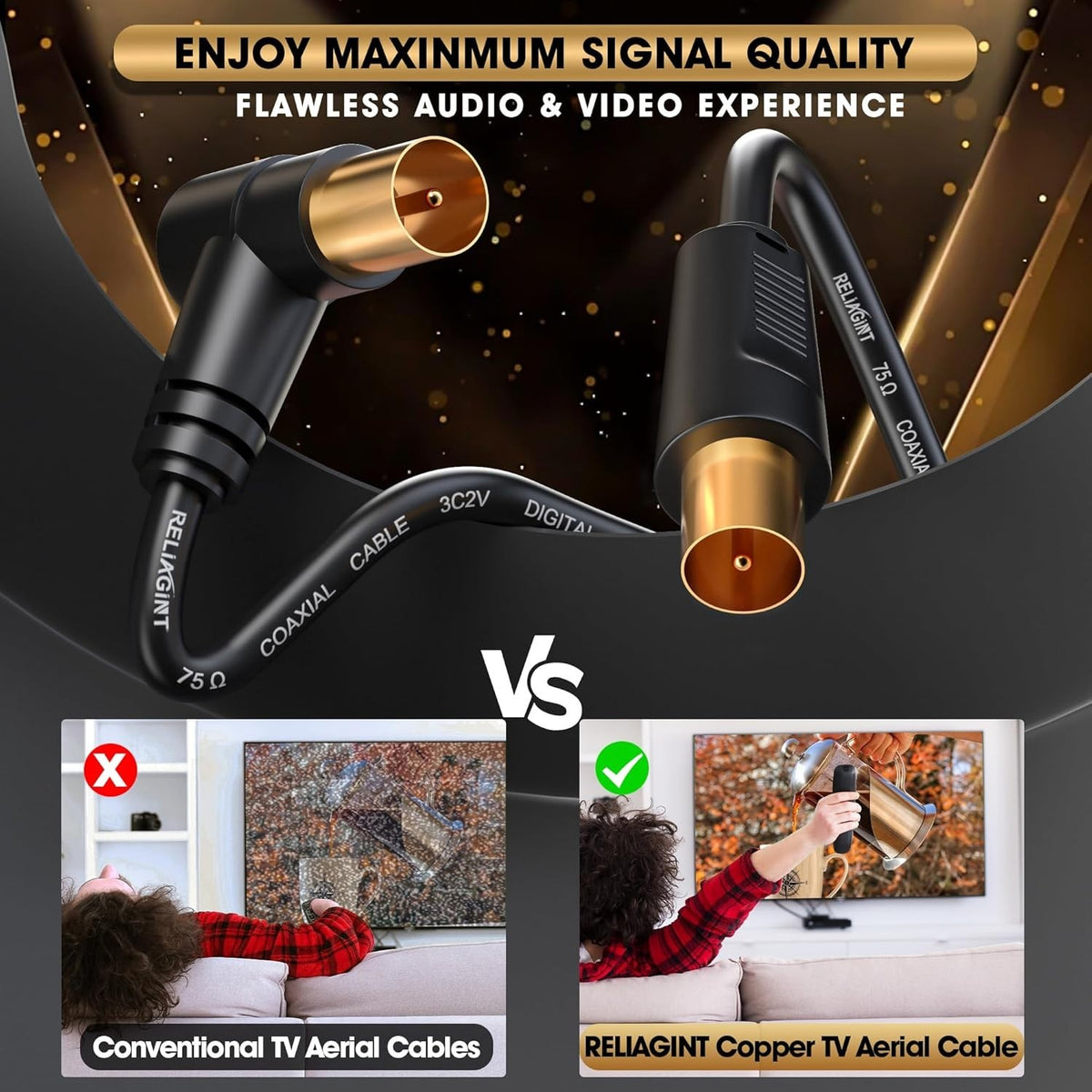 TV Aerial Cable 10M Coaxial Lead 75Ohm IEC Male Right Angle Copper HD 3C2V Unbranded