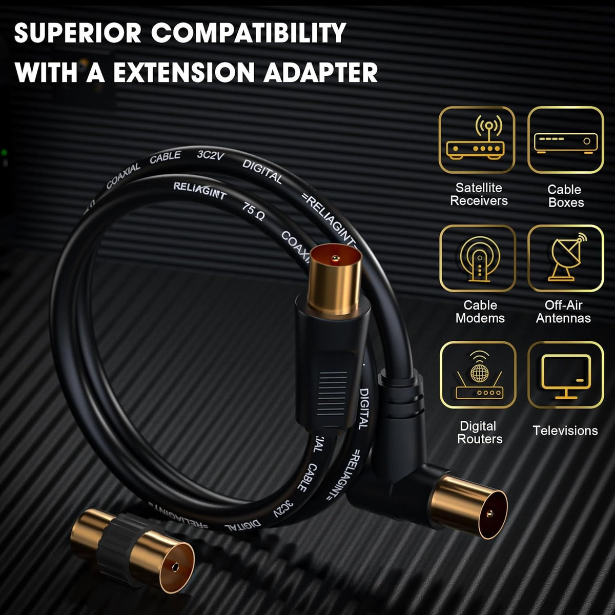 TV Aerial Cable 10M Coaxial Lead 75Ohm IEC Male Right Angle Copper HD 3C2V Unbranded