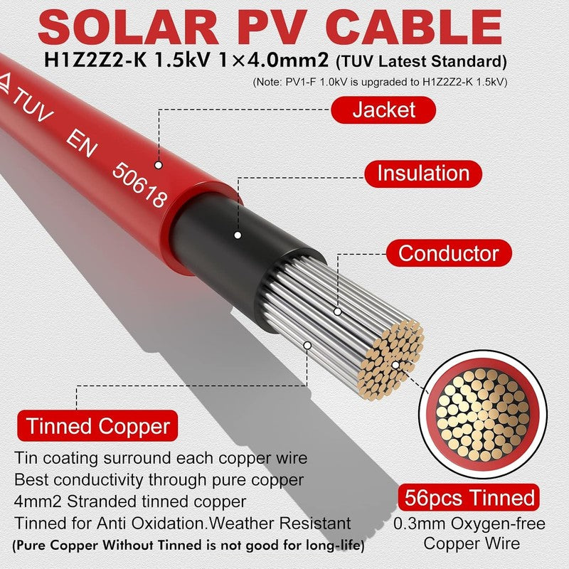 Solar Extension Cable Kit 4Mm 11AWG Tinned Copper IP67 Pre Crimped Wire 3M 3M
