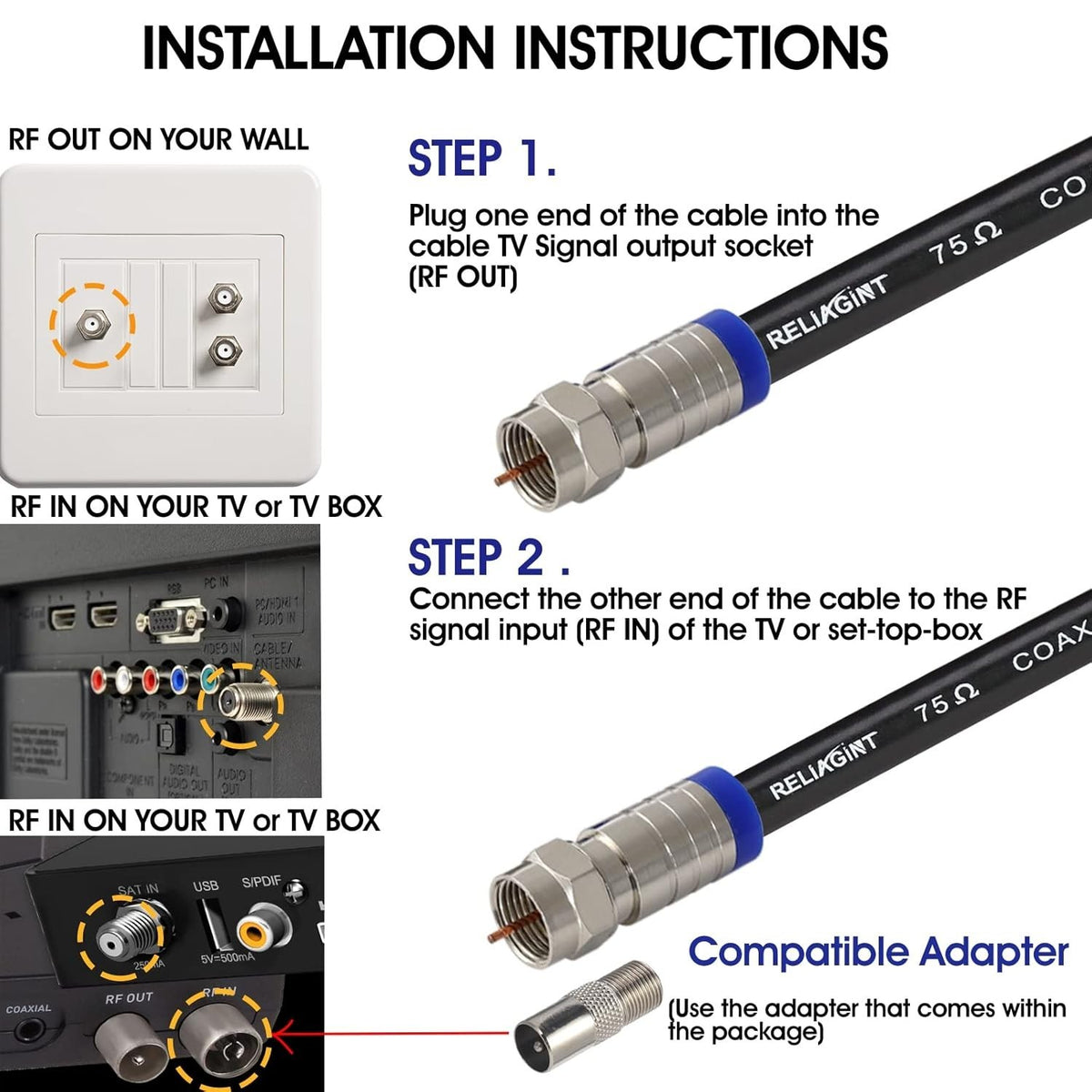 1M RG6 TV Coaxial Cable 75Ohm Satellite Aerial F Connectors Coupler Black 3GHz Unbranded