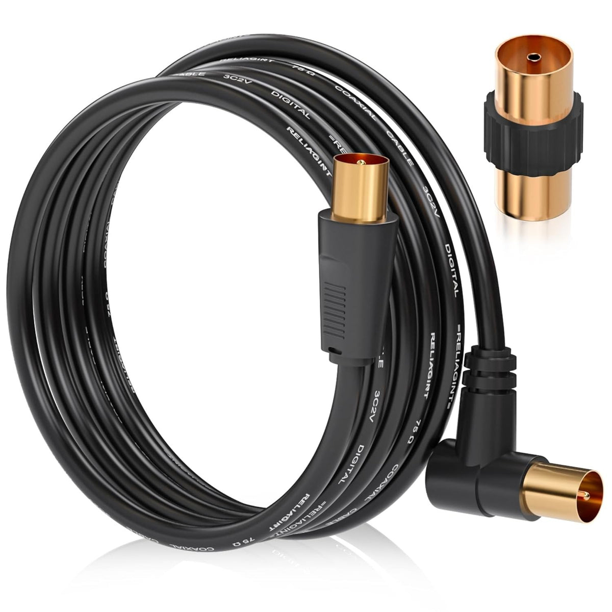 TV Aerial Cable 5M Coaxial Lead 75Ohm IEC Male Right Angle Copper HD 3C2V Unbranded