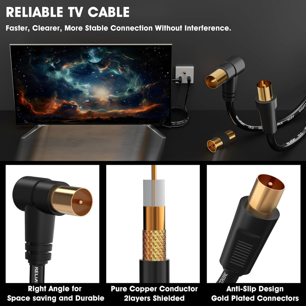 TV Aerial Cable 5M Coaxial Lead 75Ohm IEC Male Right Angle Copper HD 3C2V Unbranded