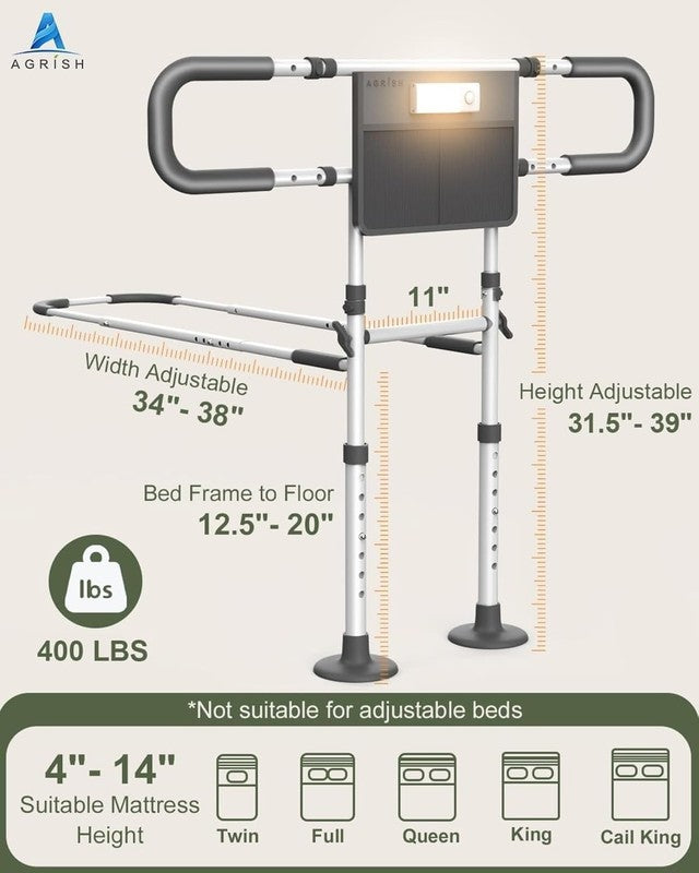 Adjustable Bed Safety Rail Elderly Adults Grab Handle Motion Light Storage Aid Unbranded
