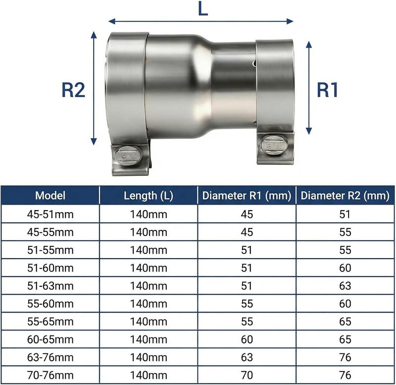 Exhaust Clamp 45 55mm Stainless Steel Sleeve Pipe Connector 140mm Reducer Repair Does not apply