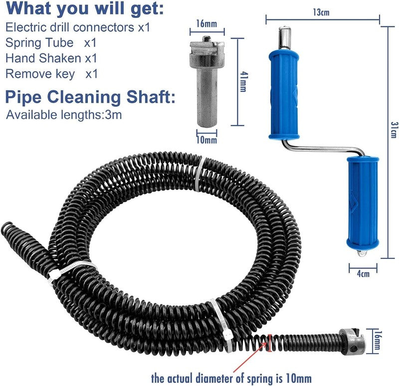 Drain Snake Unblocker 3M 10mm Pipe Cleaner Auger Sink Toilet Electric Drill Tool 3M