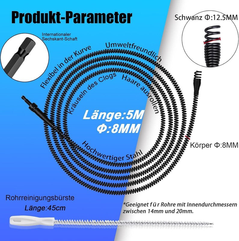 Drain Snake 8mm 5M Pipe Cleaning Spiral Auger Sink Bath Shower Blockage Tool Kit Unbranded