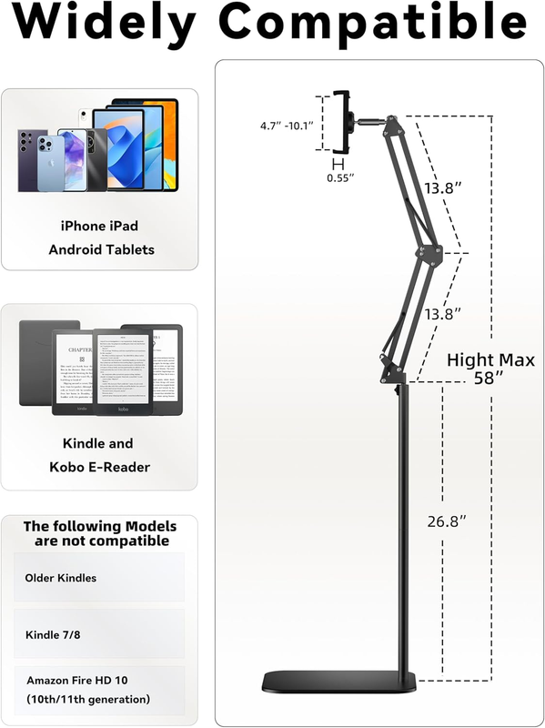 Kindle Tablet Floor Stand Holder Remote Page Turner Bed Phone E Reader 4.7-13'' Does not apply