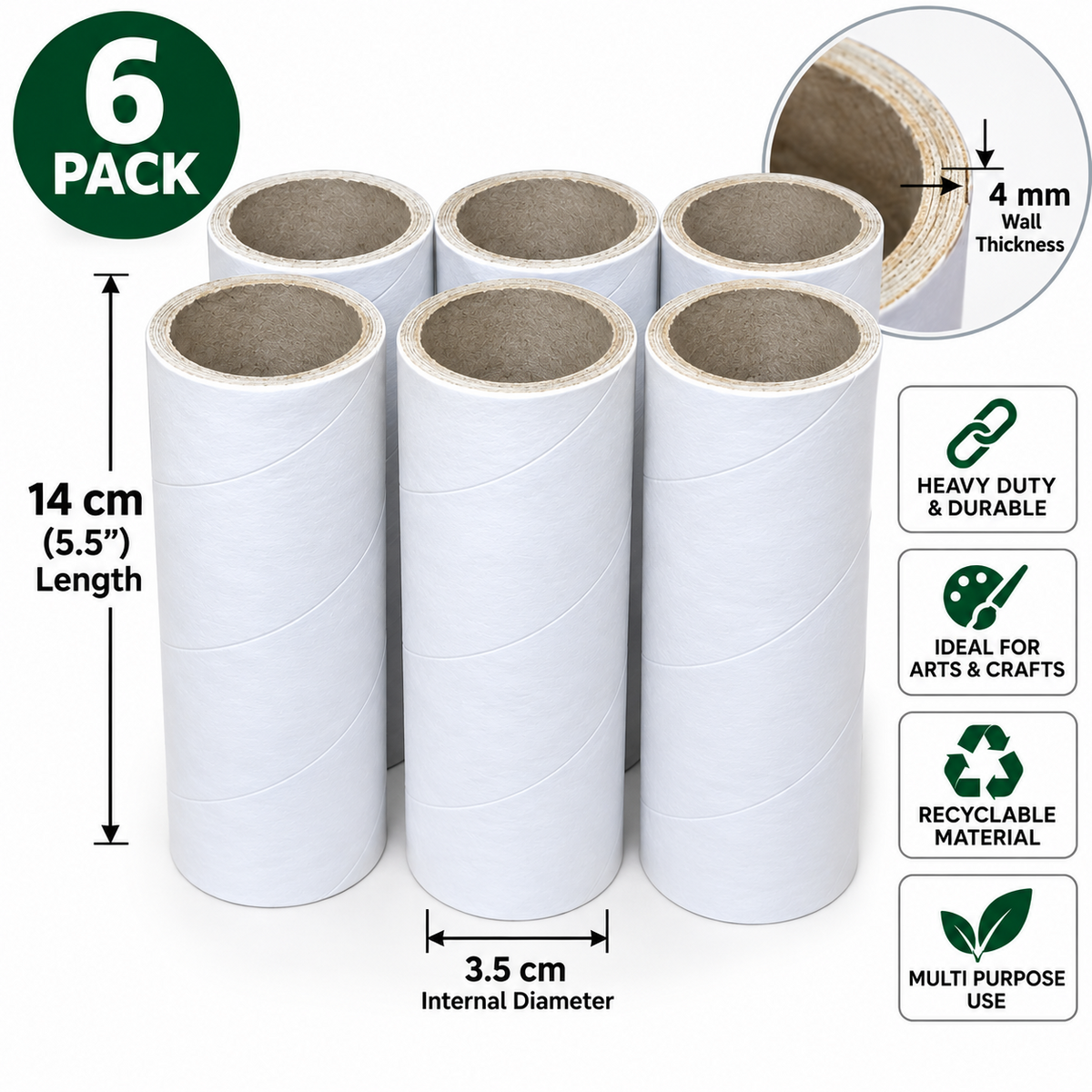 Heavy Duty Cardboard Tubes arts And Crafts Projects 5.5'' 14cm 6Pack Unbranded
