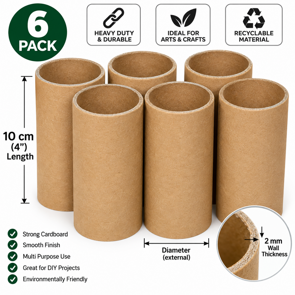 Heavy Duty Cardboard Tubes 2mm Thick arts And Crafts Projects 4'' 10cm Length Unbranded
