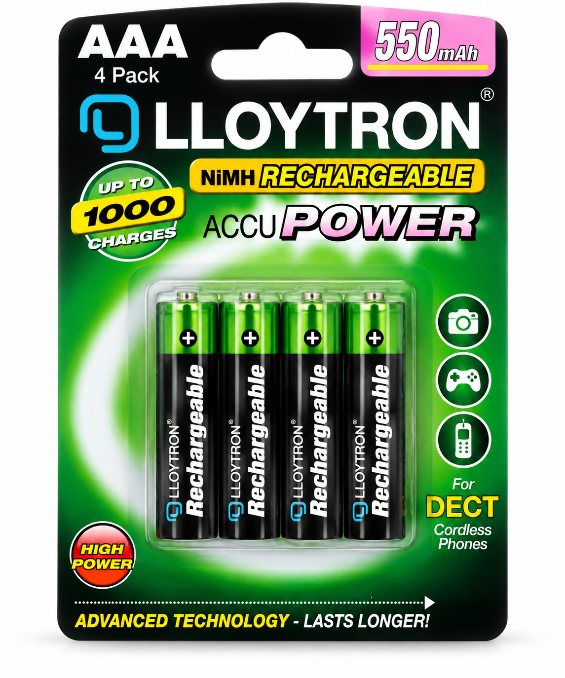 AAA Rechargeable Batteries 550mAh NiMH 4 Pack Long Life Power Cordless Phone Does not apply