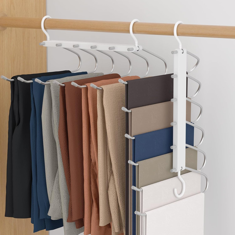 Space Saving Trouser Hangers 2 Pack 6 Tier Pants Organiser Non Slip Silver Clips Unbranded