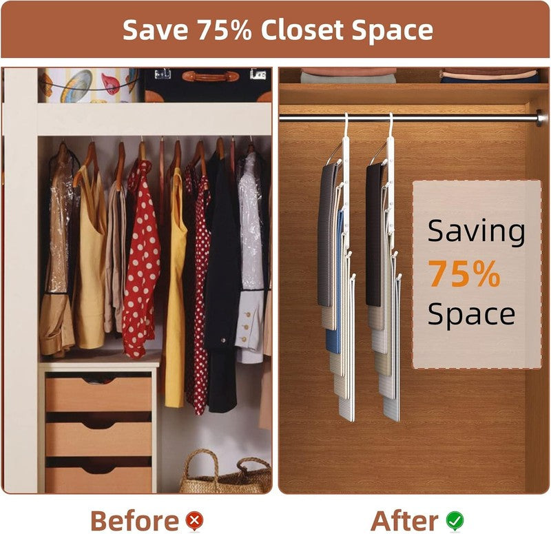 Space Saving Trouser Hangers 2 Pack 6 Tier Pants Organiser Non Slip Silver Clips Unbranded