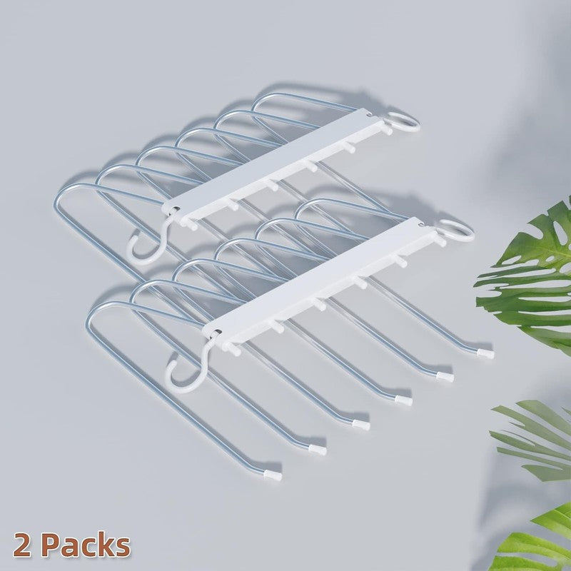 Space Saving Trouser Hangers 2 Pack 6 Tier Pants Organiser Non Slip Silver Clips Unbranded