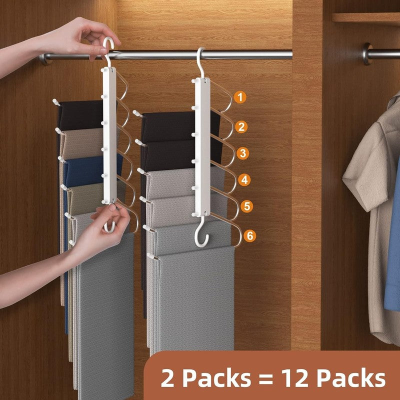 Space Saving Trouser Hangers 2 Pack 6 Tier Pants Organiser Non Slip Silver Clips Unbranded