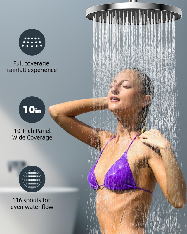 Rainfall Shower Head 10 Inch Chrome Self Cleaning Adjustable Bathroom G1/2