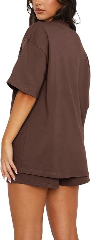 Womens Cotton Shorts Set Short Sleeve T Shirt Two Piece Lounge Casual Outfit S