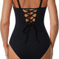 V Neck Swimsuit Women One Piece Mesh Swimwear Tummy Control Crisscross Back L