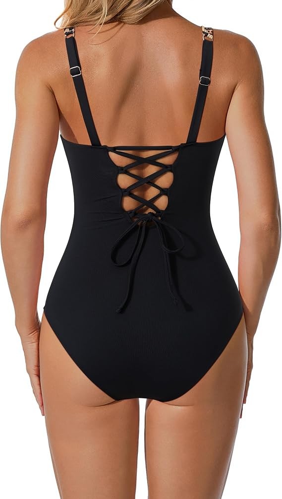 V Neck Swimsuit Women One Piece Mesh Swimwear Tummy Control Crisscross Back L