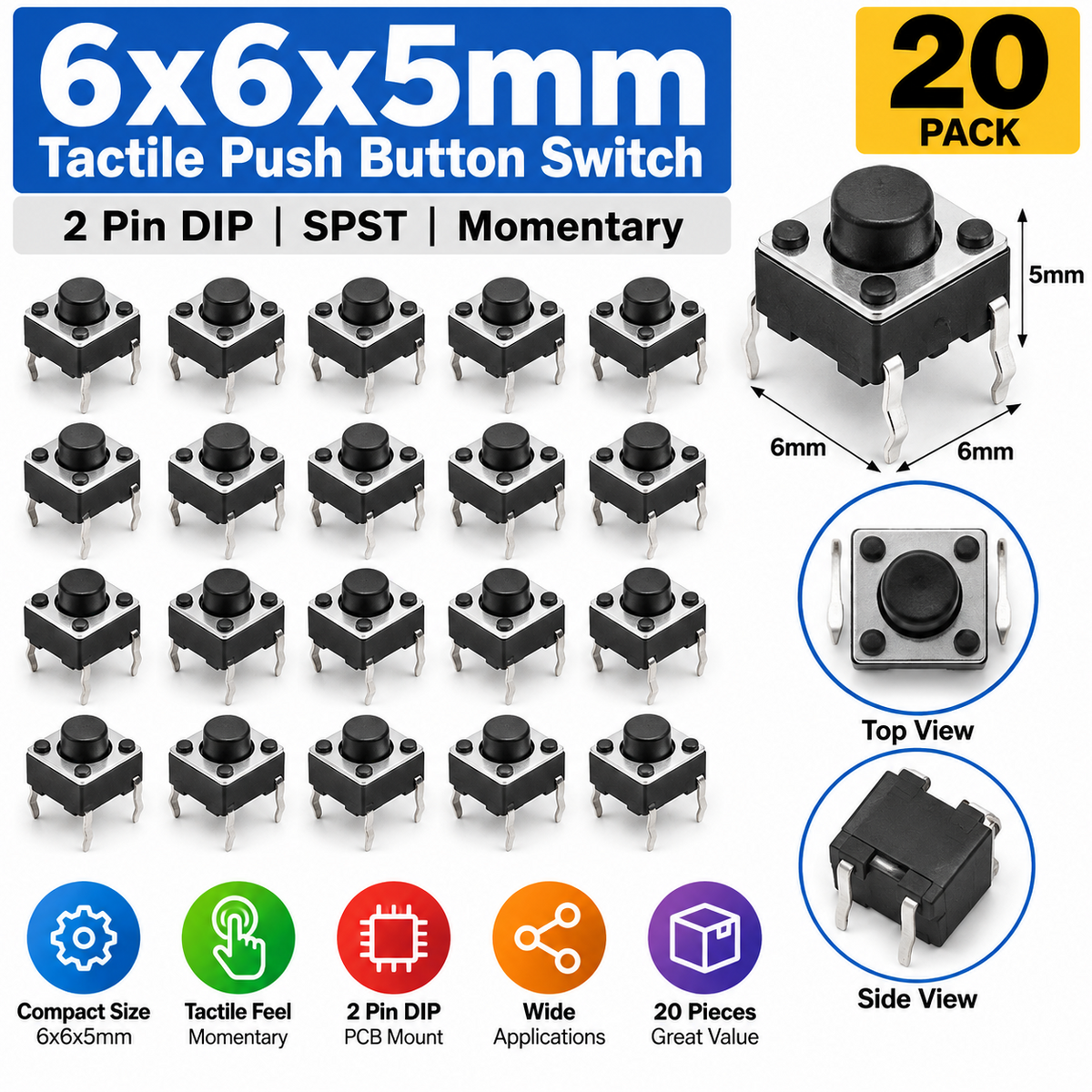 6x6x5mm Tactile Push Button Switch 2 Pin DIP SPST Momentary PCB 20Pc Pack Boards