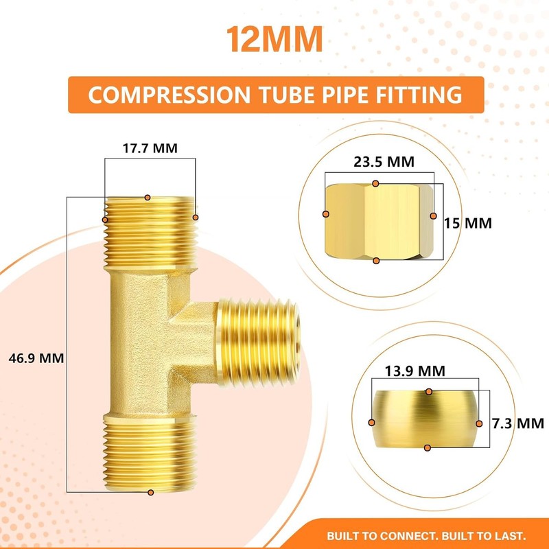 Brass Compression Tee 12mm Tube Fitting Connector Air Fuel Gas Oil Plumbing
