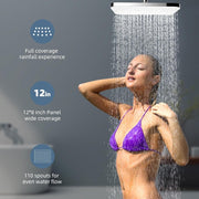 Self Cleaning Rainfall Shower Head 12x8 Inch White Panel 360 Swivel High Flow