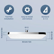Self Cleaning Rainfall Shower Head 12x8 Inch White Panel 360 Swivel High Flow