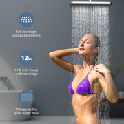 Self Cleaning Rainfall Shower Head 12x8 Inch Black Panel 360 Pivot High Flow