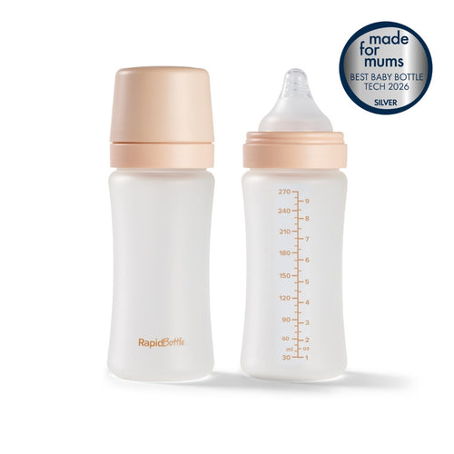Nuby RapidBottle Glass Infant Bottles 270ml 2Pk Beige Silicone Coated Anti Colic