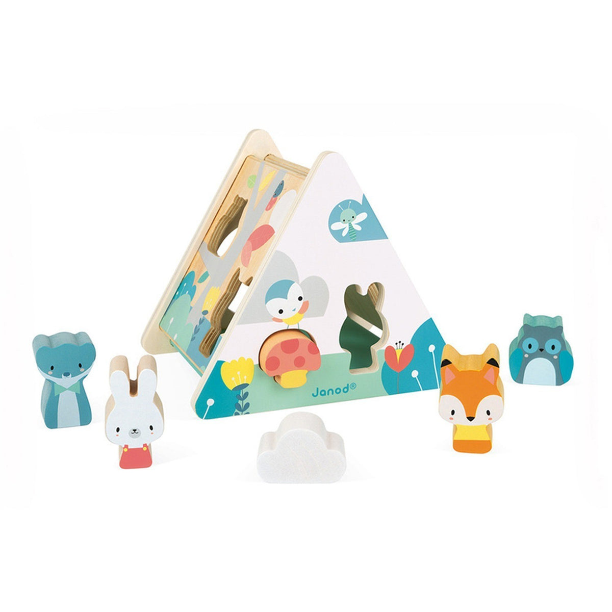 Janod Pure Wooden Shape Sorter Teepee Six Chunky Pieces Animals Toddler Toy 18m+