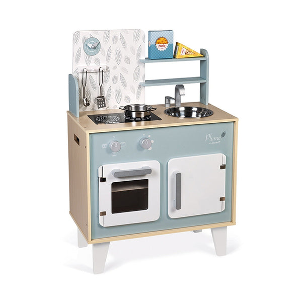 Wooden Play Kitchen Janod Plume Blue Grey Cooker Five Accessories Ages 3-6 Years
