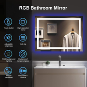 RGB LED Bathroom Mirror 70x50cm Anti Fog Dimmable Touch Sensor Wall Mount Lights