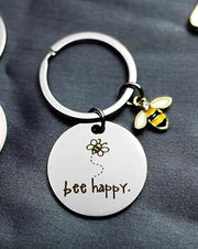 Bee Happy Keyring Stainless Steel Silver Engraved Keychain Birthday Velvet Pouch