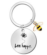 Bee Happy Keyring Stainless Steel Silver Engraved Keychain Birthday Velvet Pouch