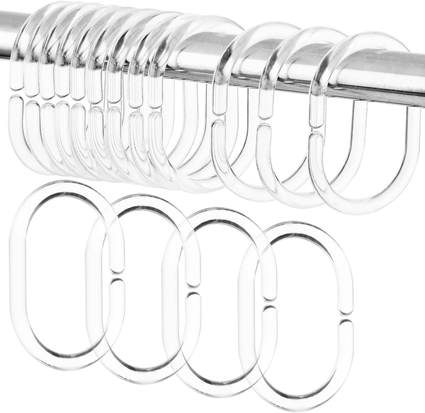 24 Shower Curtain Rings Clear Plastic C Shape Hooks Bathroom Rail Rod Hanger Set
