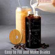Cancer Zodiac Glass Cup 20oz Iced Coffee Mug Bamboo Lid Straw Astrology Gift Set