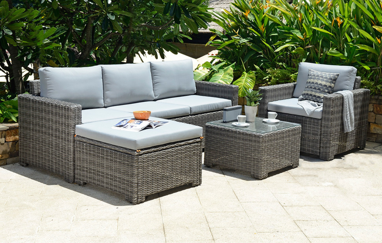 Marbella Grey 5-Seater Garden Sofa Set with Ottoman and Cover Bundle MINT Outdoor
