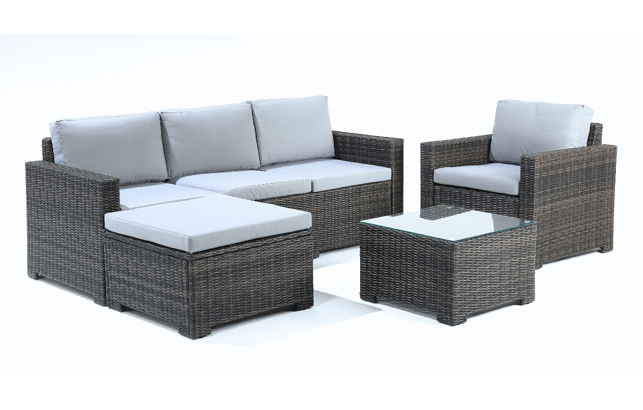 Marbella 5-Seater Garden Lounge Set with Ottoman Chaise | Grey Cushions MINT Outdoor