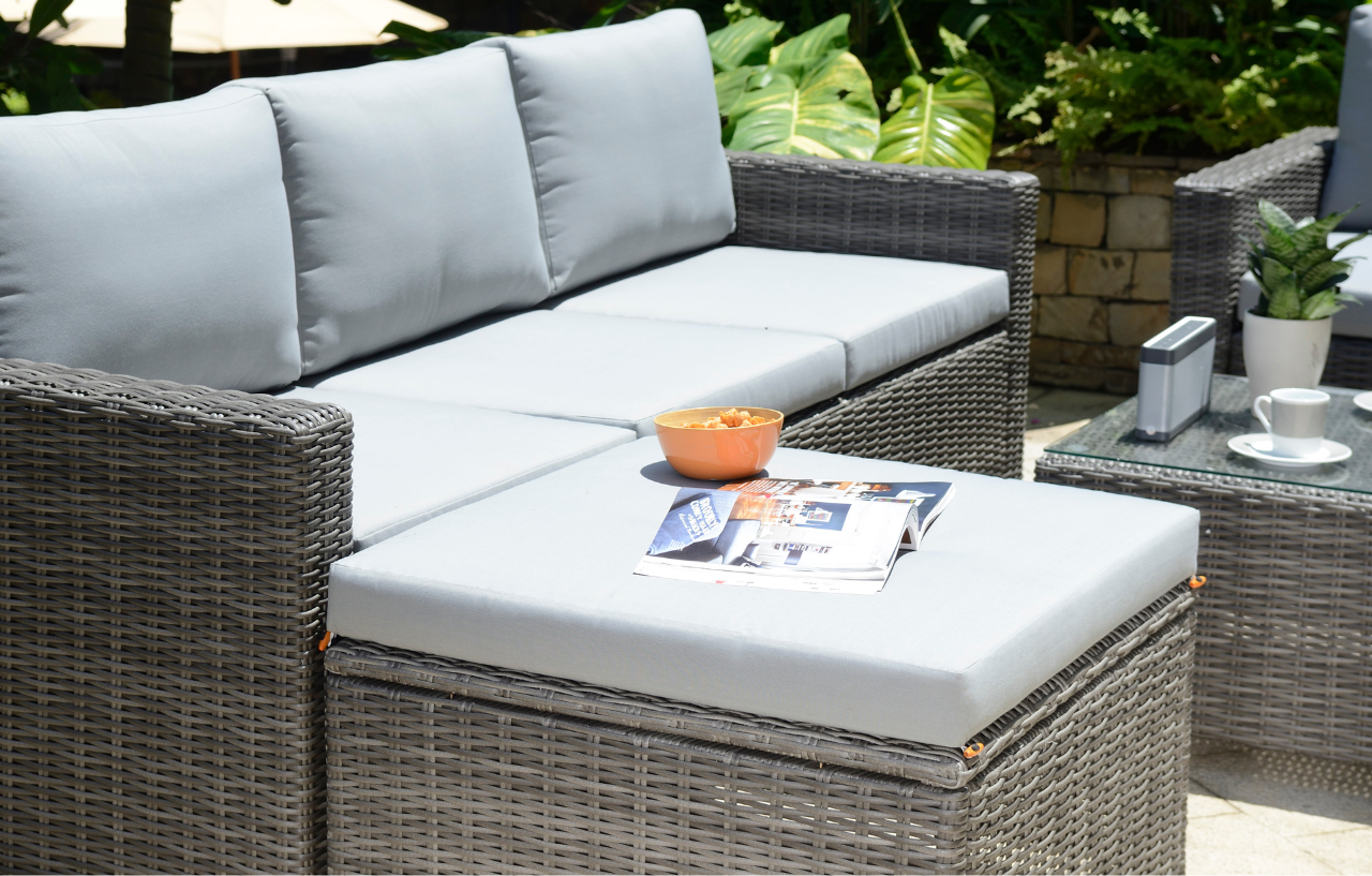Marbella Grey 5 Seater Chaise Garden Sofa Set, Cover and Cushion Box Bundle MINT Outdoor